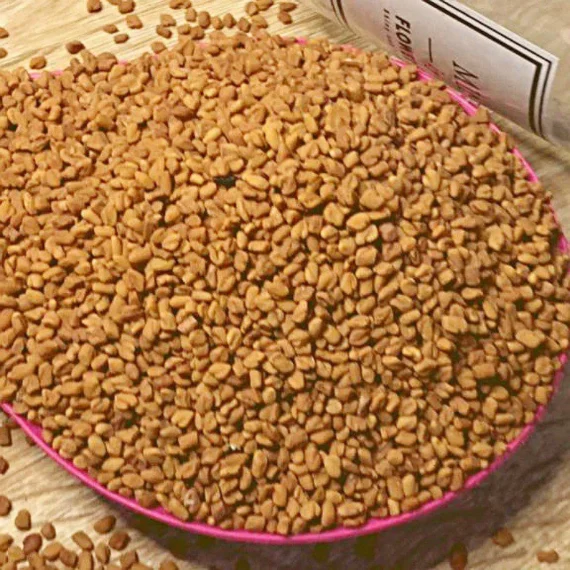 Fenugreek seeds in a pink bowl on a wooden surface, used in skincare formulations. Visit Organicsbyjumira for more information on the benefits of Fenugreek seeds in skincare.