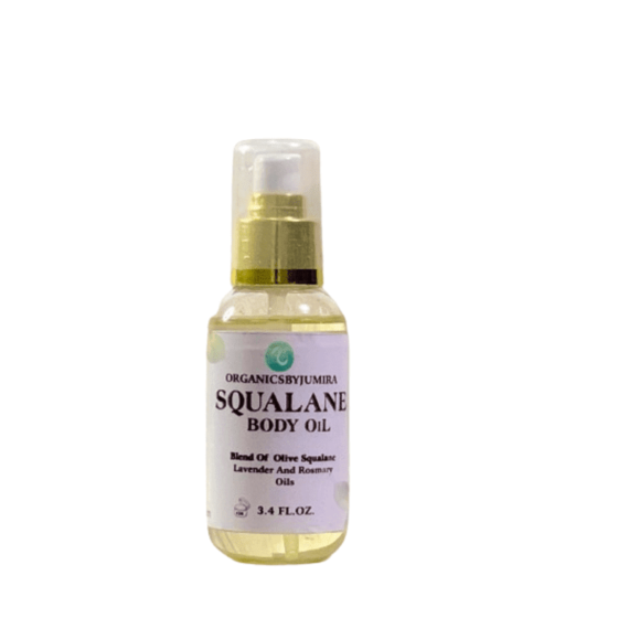 "Glass bottle of Squalane Lavender Body Oil with a pump cover, surrounded by fresh lavender sprigs and squalane ingredients, showcasing its hydrating and soothing properties."